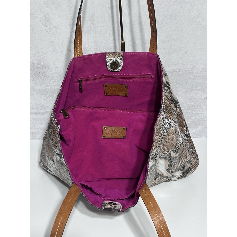 Patricia Nash Shoulder Tote Bag Brown Cracked Italian Leather Python Snakeskin - Picture 2 of 9